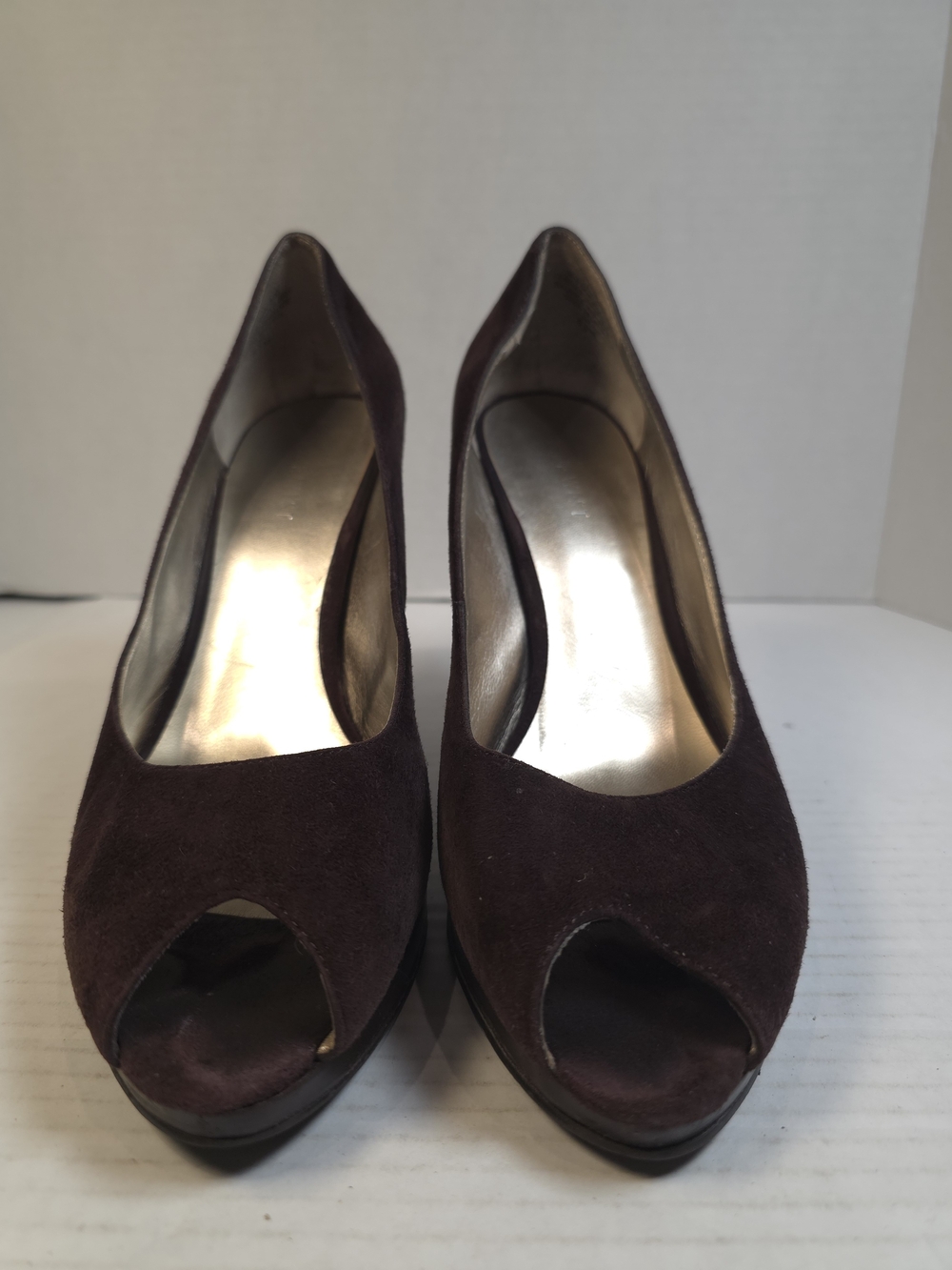 Suede Peep Toe Platform Heels in Brown